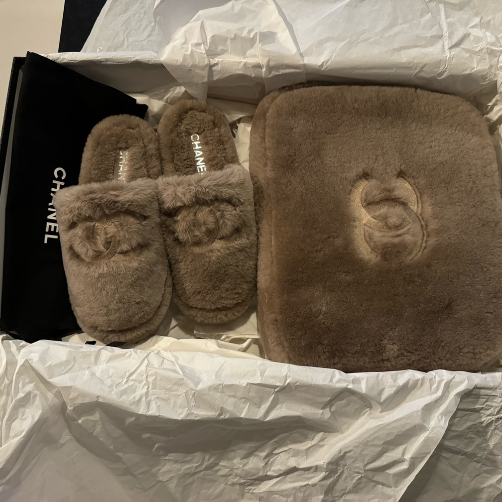 Chanel slippers and pouch